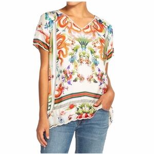 Johnny Was 100% Silk Short-Sleeve Blouse with Floral Print, Size XS